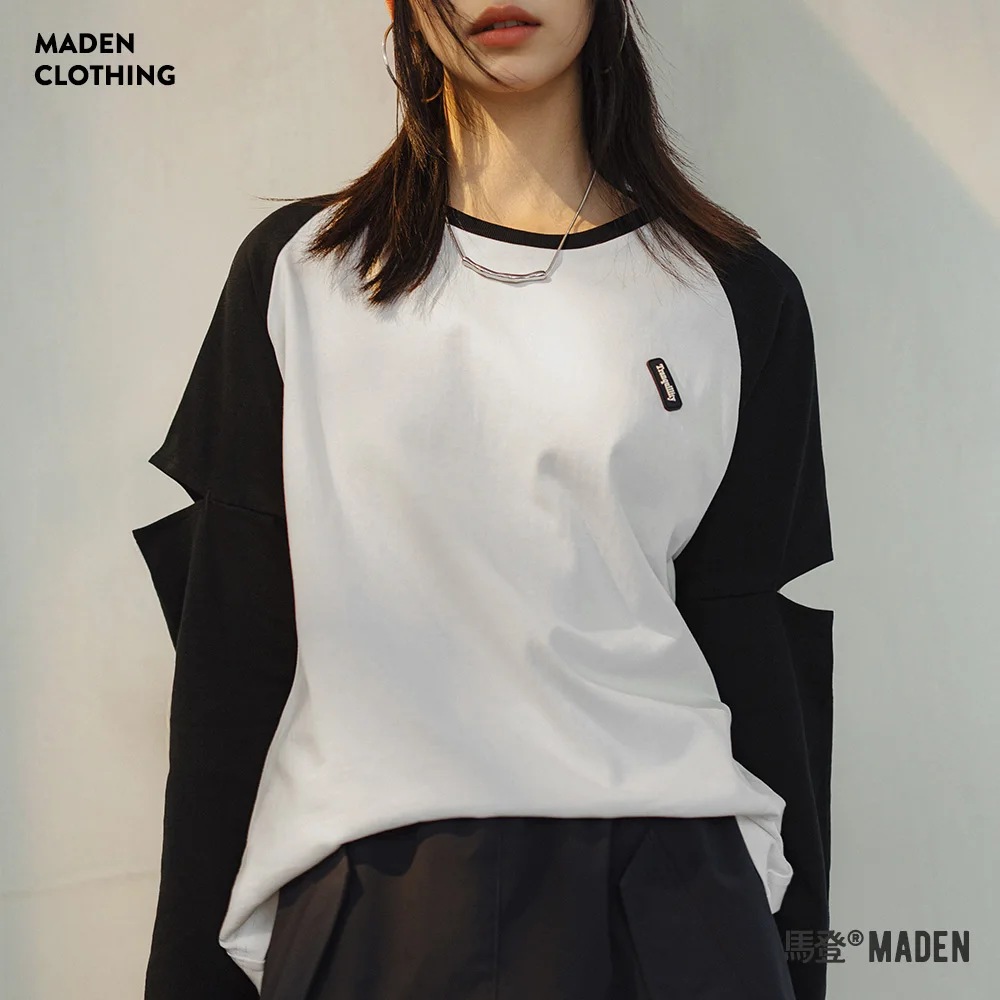 Maden Retro Contrast Tee Women Casual Long Sleeve T-Shirt Cotton Round Neck Sleeve Broken Hole Design Sweatshirt Versatile Tops