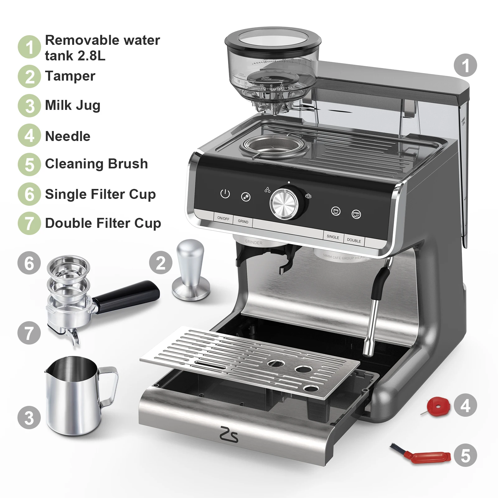 Espresso Coffee Machine,with 20 Bar Semi-Automatic,Grinder, Milk Frother Steamer Wand, 2.8 L Water Tank, PID Temperature Control