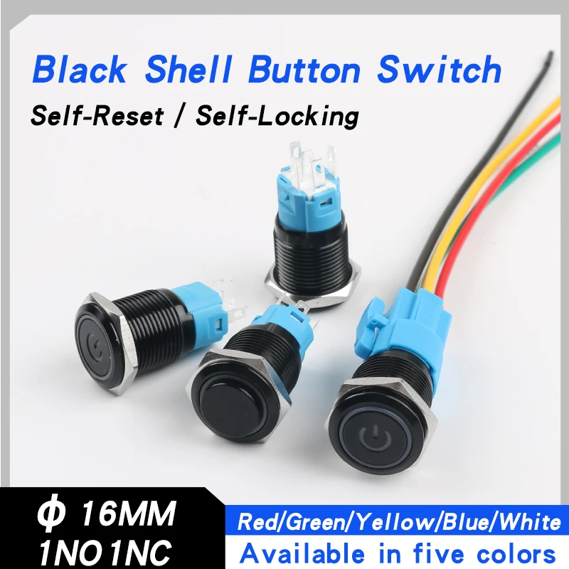 

16mm Black Shell Push Button Switch Soldering Terminals Self-locking Self-resetting Latching Momentary Button Switch With Plug