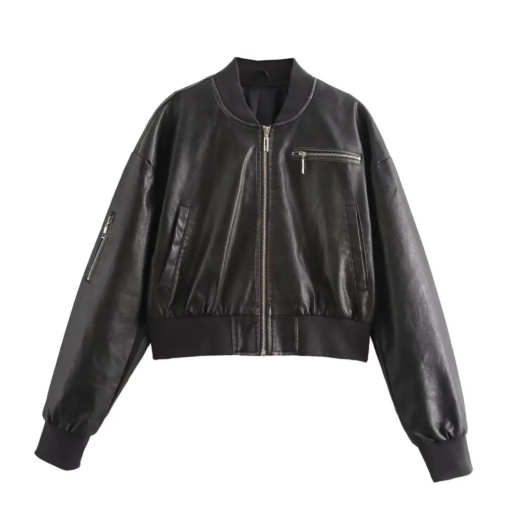 

Hong Kong Style American Retro Flight Leather Jacket Women's Wholesale New Color Polished Old Zipper Cardigan