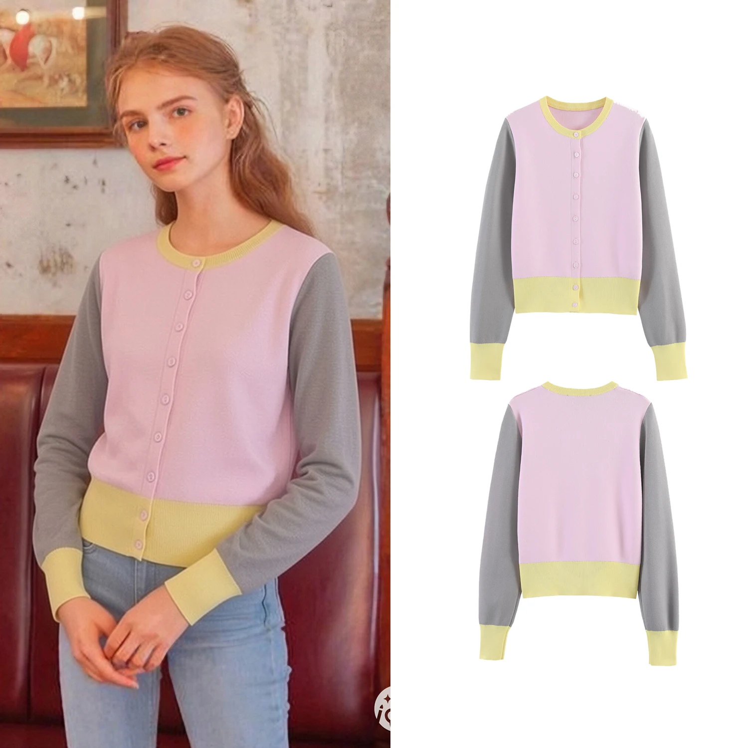 Damen Patchwork-Strickjacke Frühling Kontrastreiche Einreihige Langarm-Strickjacke Dünner Stil
