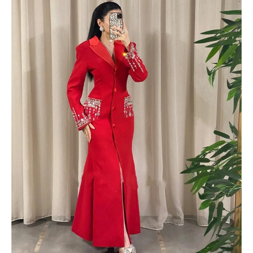 

Red Evening Dress Customized Exquisite Jersey Pleat Sequined Mermaid Prom Gowns V-neck Ankle Length Party Dresses 2025