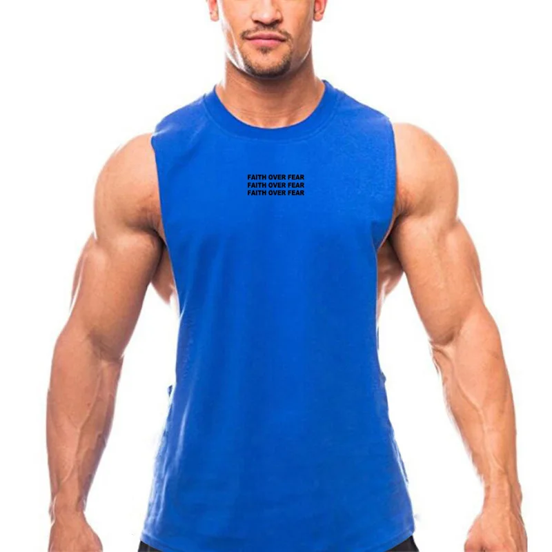

Faith Over Fear Print Mens Running Vests Gym Bodybuilding Fitness Sport Tank Tops Cotton Open Side Dot Cool Breathable T-shirt