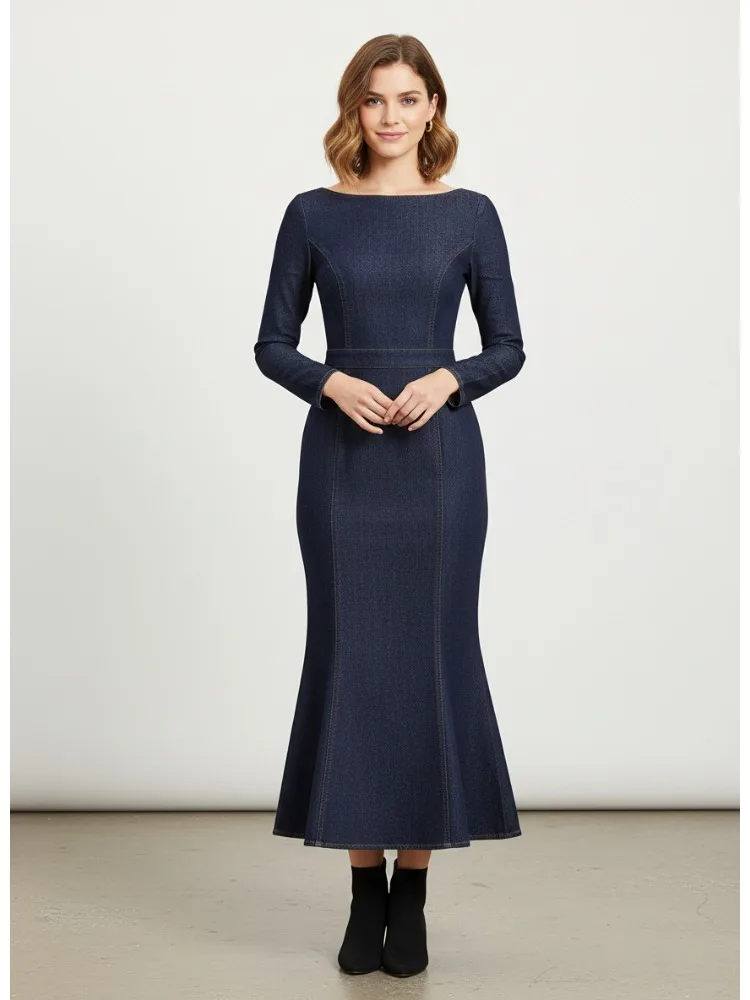 Freeacy 여성용 네이비 데님 미디 드레스 라운드 넥 긴 소매 인어 헴 피트 우아한 캐주얼 드레스 슬림 피트 파티 드레스