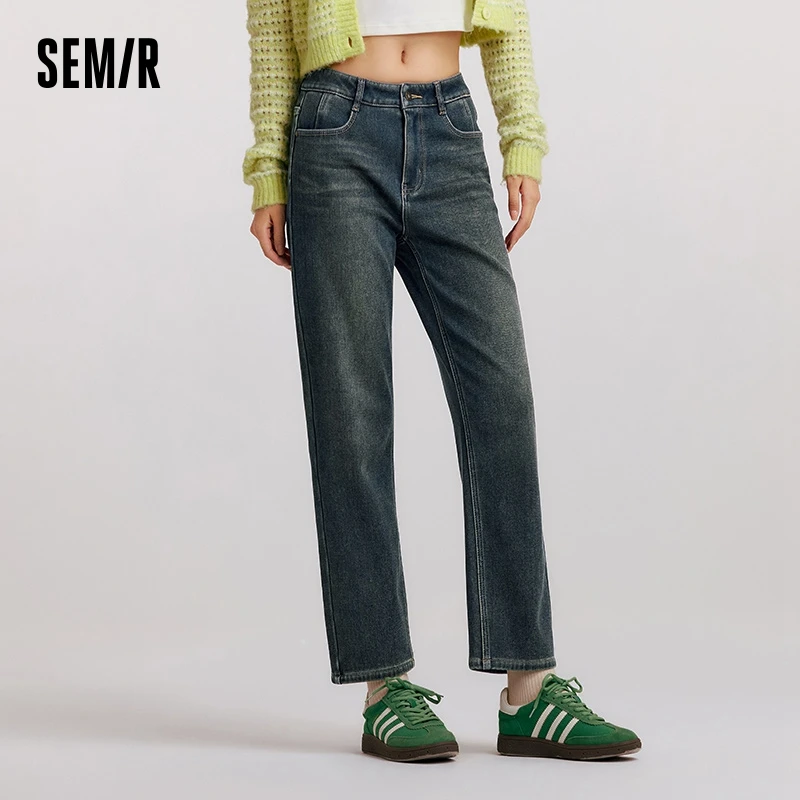 Spodnie damskie Semir Jeans z polaru, postarzane, długie, retro, nowość na zimę 2025, wyszczuplające, z prostymi nogawkami. — zdjęcie 3