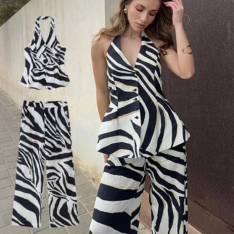 PRINTKAOIR Women Summer Pants And Hanging Neck Zebra Printed Vest Tops+High Waist Zipper Casual Loose Baggy Pants Beach Holiday