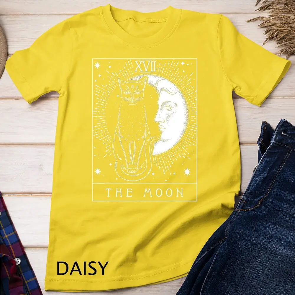 Unisex Tarot cartão t-shirt, lua crescente e gráfico do gato