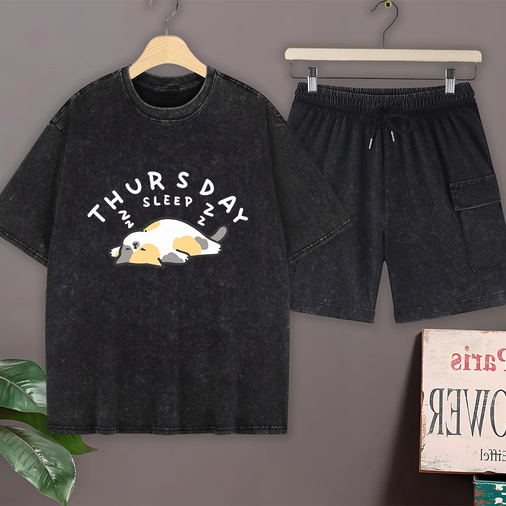 Tuesday Sleep Cat Cotton Washed T-Shirts Set Mens Casual Short Sleeve Tops Cargo Shorts O-Neck Oversized T Shirt Summer Clothes