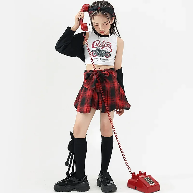 Kid Jazz Dance Outfits Korean Hip Hop Cool Long Sleeve Shawl Vest Plaid Short Skirt Set Urban Girls Model Fashion Show Costumes