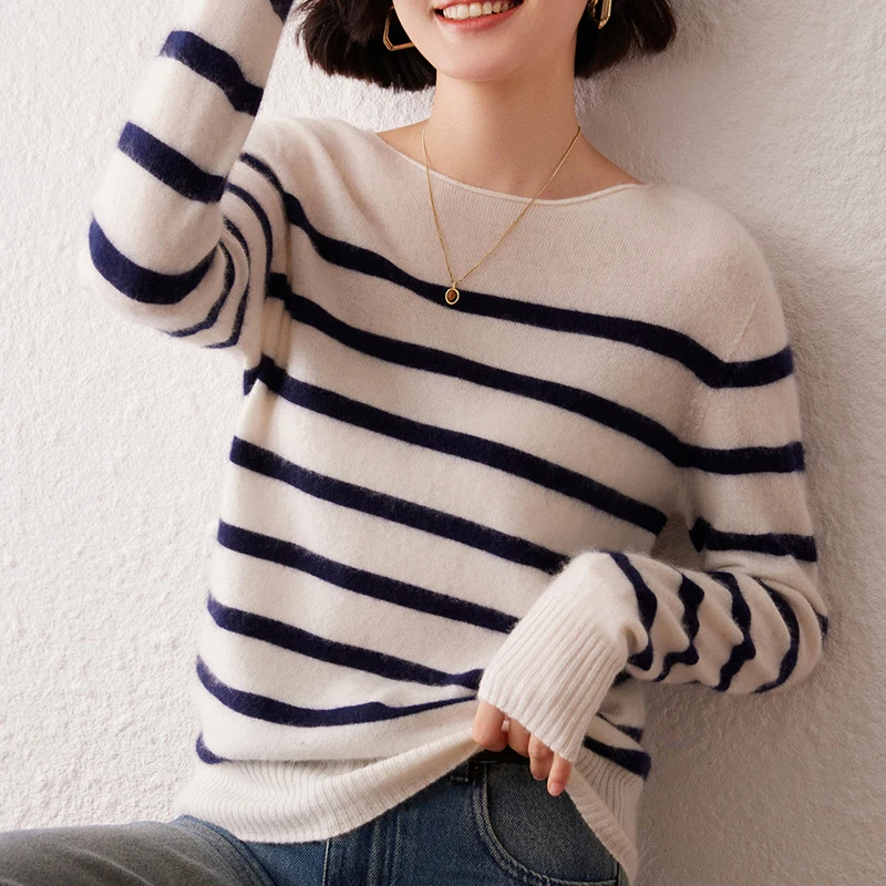 

Women's sweater autumn/winter 100% pure cashmere pullover casual striped knitted Tops loose one-shoulder collar Blouse basic