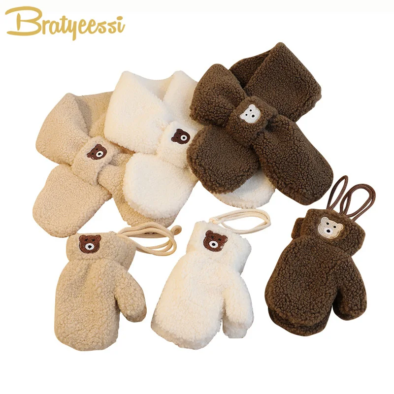 Conjunto de luvas e cachecol infantil de inverno, luvas quentes coreanas para o pescoço infantil, acessórios para meninos e meninas, lã de cordeiro nova, 2-6Y