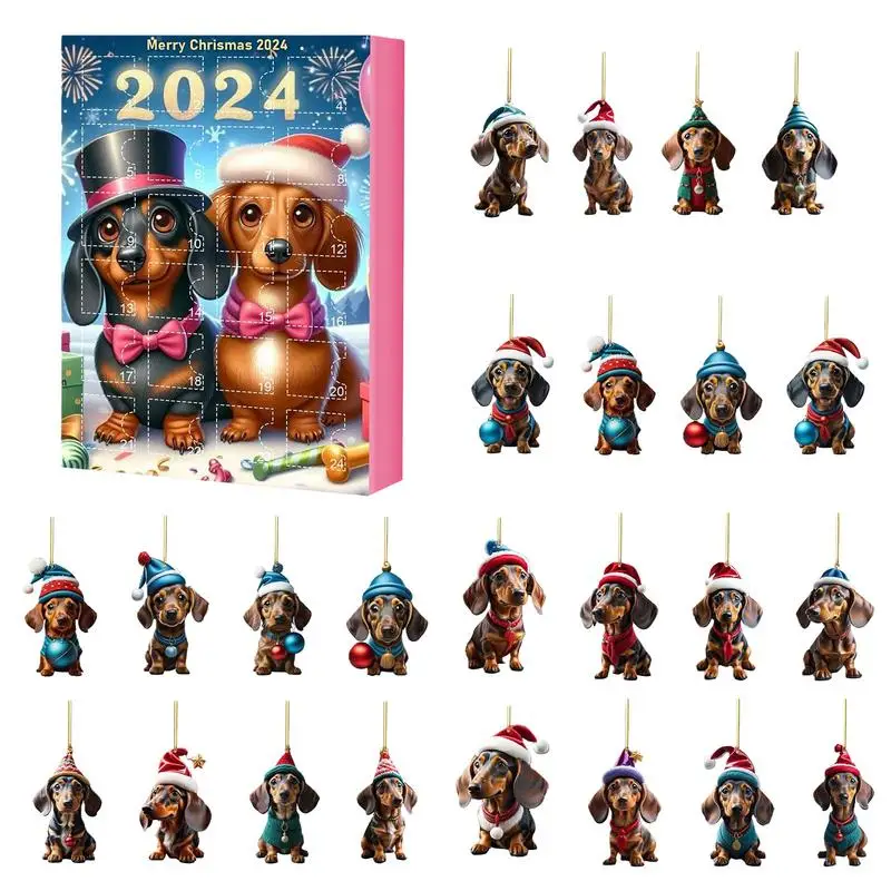 

2D Acrylic Dachshund Pendants Christmas Advent Calendar Dog Hanging Ornament Countdown Calendar Christmas Tree Decorations