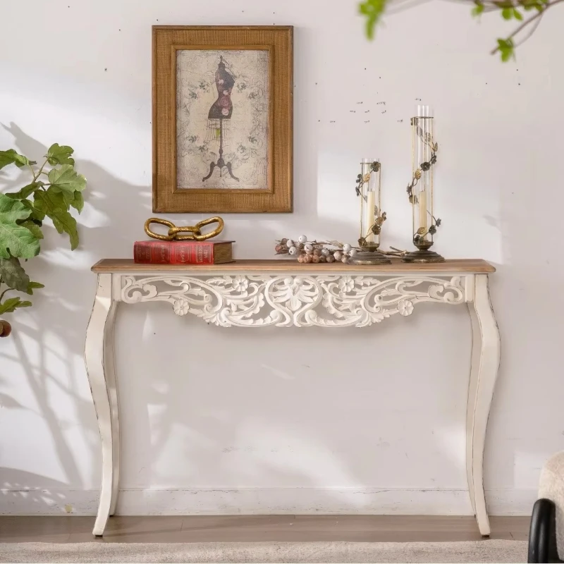 French country-style carved entryway table, antique white vintage solid wood entryway table, curved legs, 43.31 inches