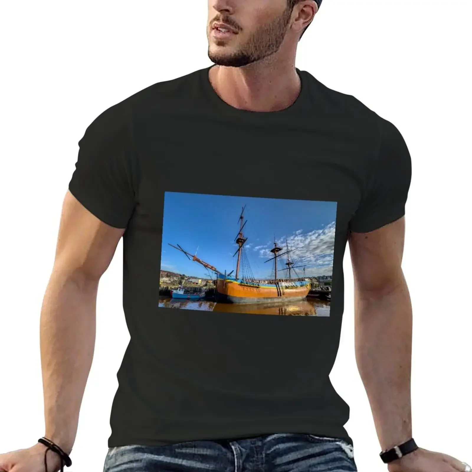 HM Bark Endeavour Whitby Harbour T-Shirt for a boy summer top mens plain t shirts