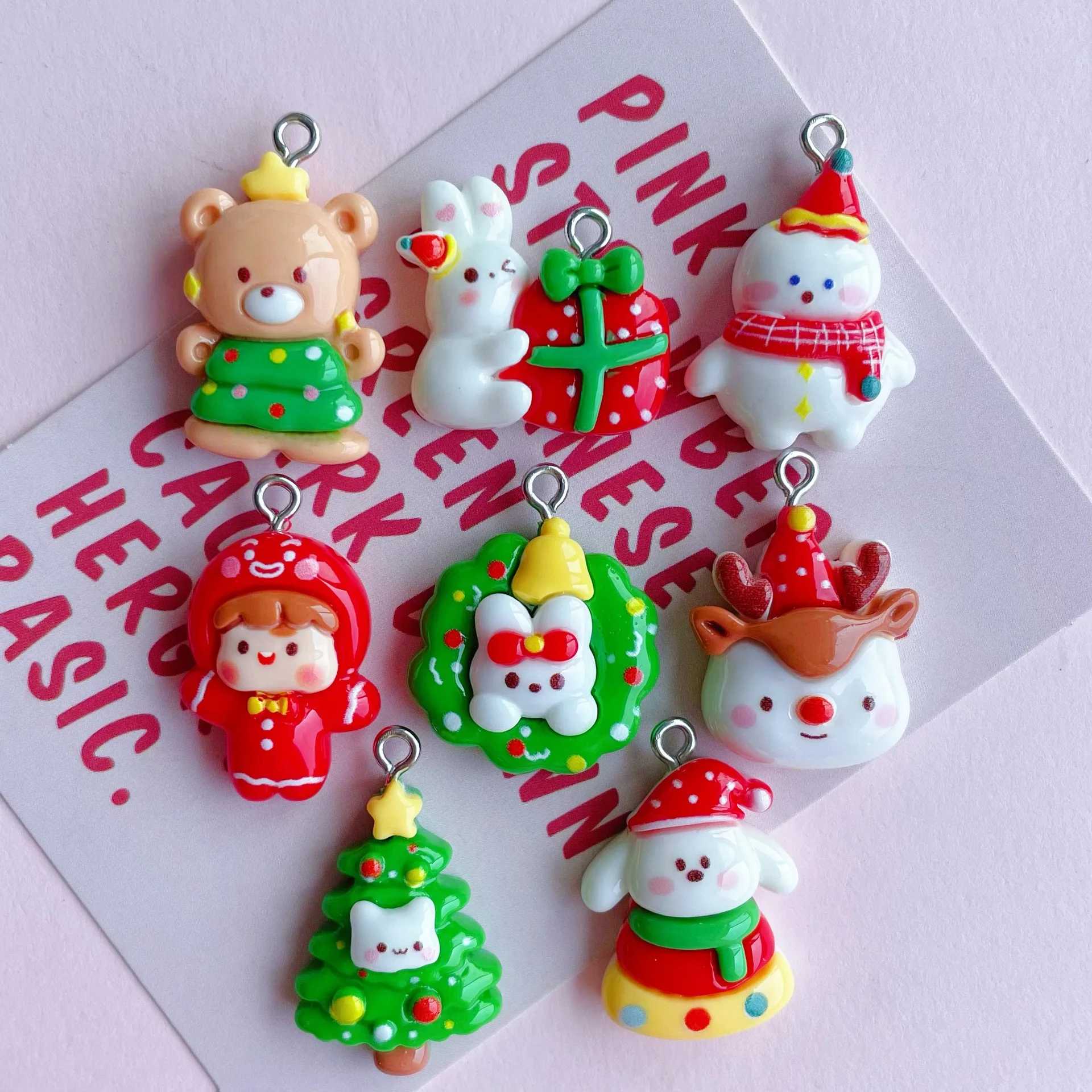 10Pcs Cartoon Christmas Flatback Resin Hook Cute Craft Accessories For Jewelry Making DIY Keychain Earrings Materials Pendant