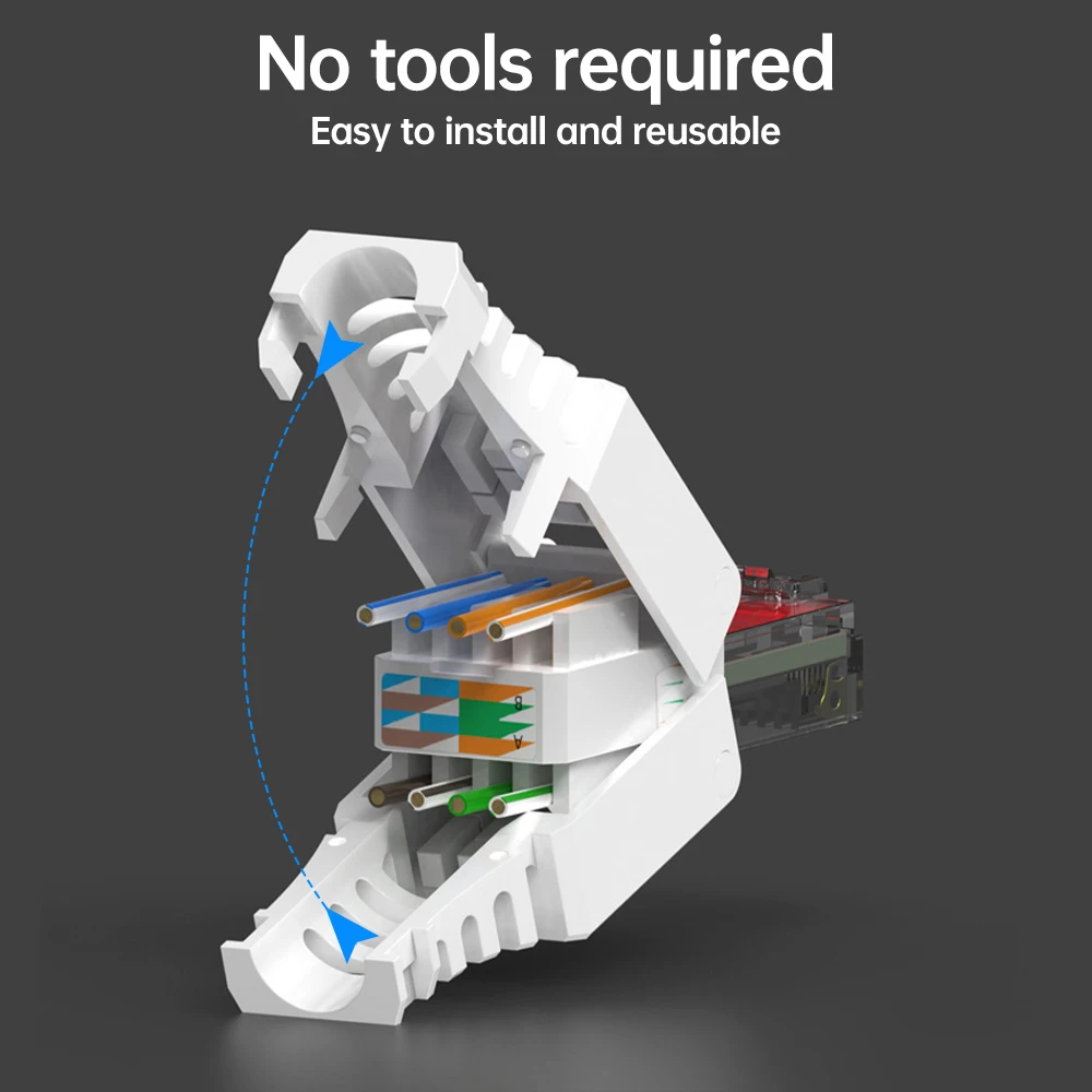 Alat Hoolnx Gratis Konektor RJ45, Steker Modular CAT6 Tanpa Alat Crimp Colokan Penghentian Dapat Digunakan Kembali untuk Kabel Ethernet 23AWG Hingga 26AWG