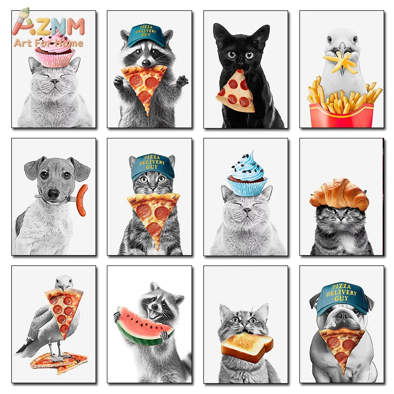 AZNM Funny Animal Food Canvas Print Cat Dog Raccoon Bird Pizza Cupcake Fries Cute Minimalist Kitchen Unframed Wall Poster Decor