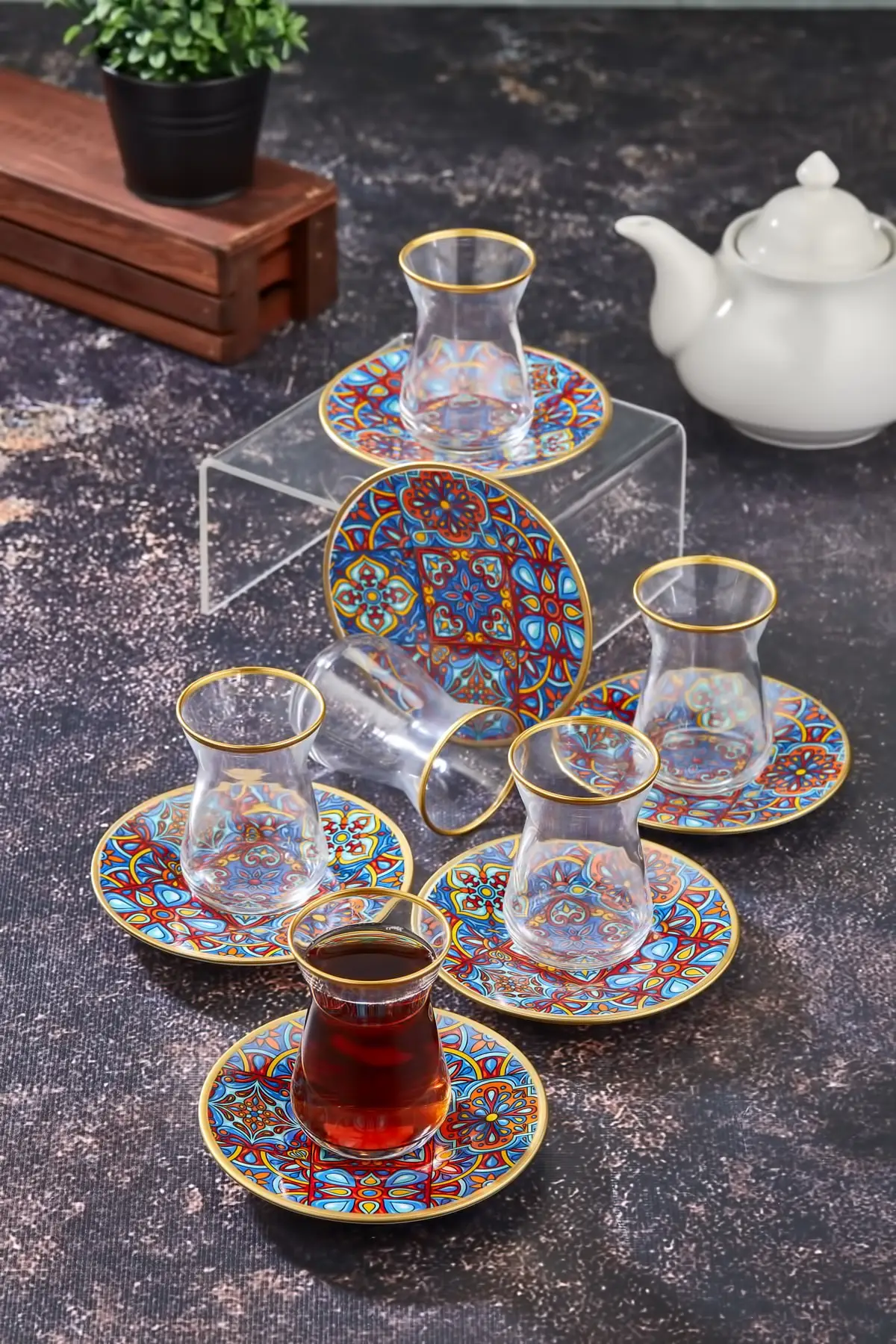 DOLBOVI Special Design 12 Parça Tile design Porcelain Dish Tea Cup Set Turkish Tea Glass Cup