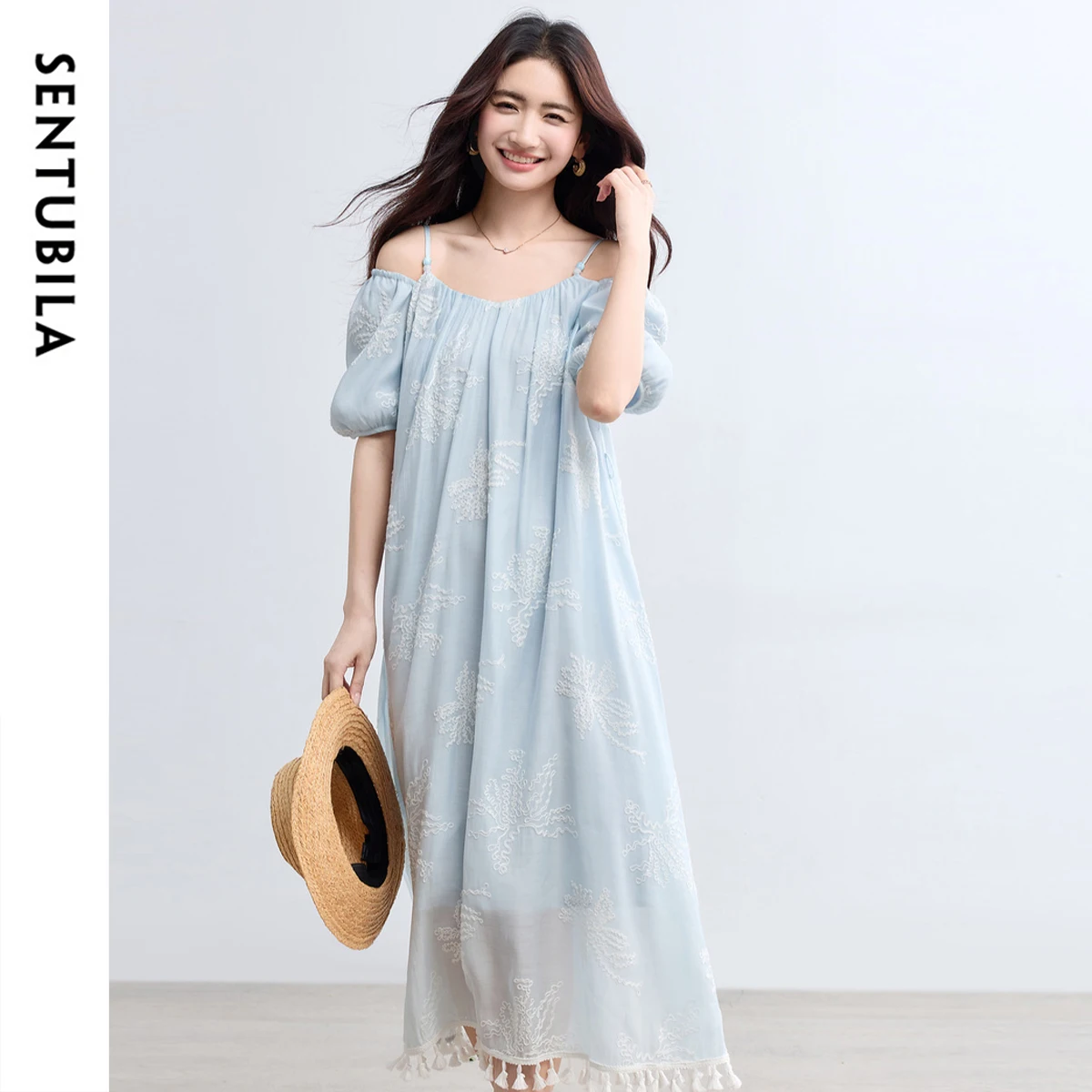 

SENTUBILA Women's Flower Embroider Dress Summer 2025 Square Off Neck Holiday Short Sleeve Dresses Woman Casual Clothes W52LI2330