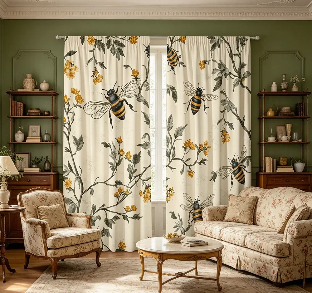 2PCS Digital Printed Curtains, Osmanthus Honeybee Pattern, Artistic Pattern Window Drapes for Living Room Bedroom Decor