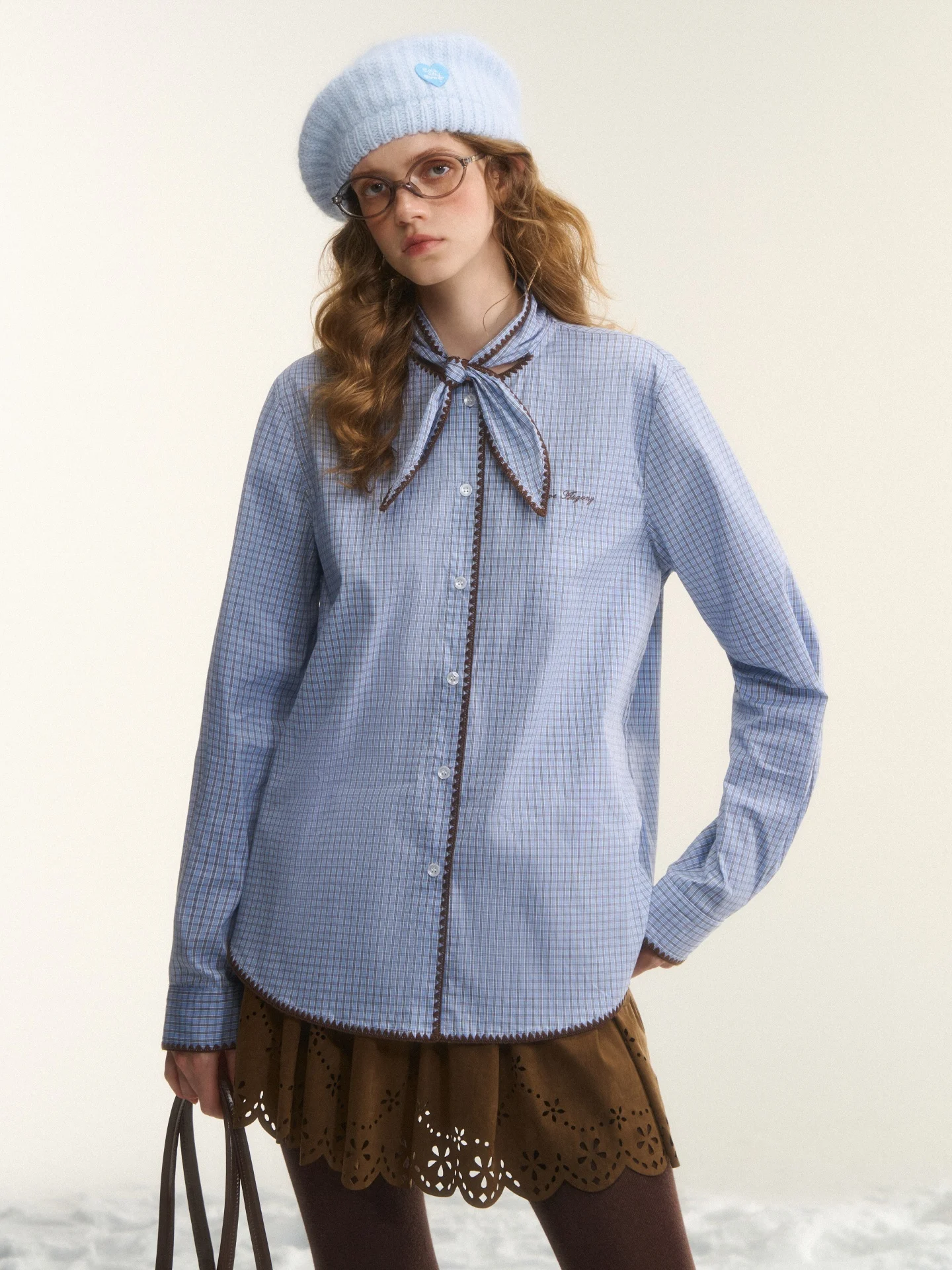

AsGony Retro Contrast Color Embroidery Rabbit Ear Tie Dotted Shirt Long Sleeve Top Women's Casual Fashion Spring Autumn