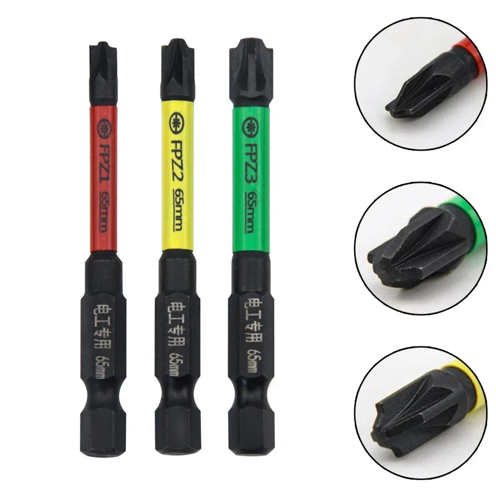 3Pcs Electrician Screwdriver Bits FPZ1 FPZ2 FPZ3 Slotted Cross Head Magnetic Screwdriver Bit Set 65mm Shank