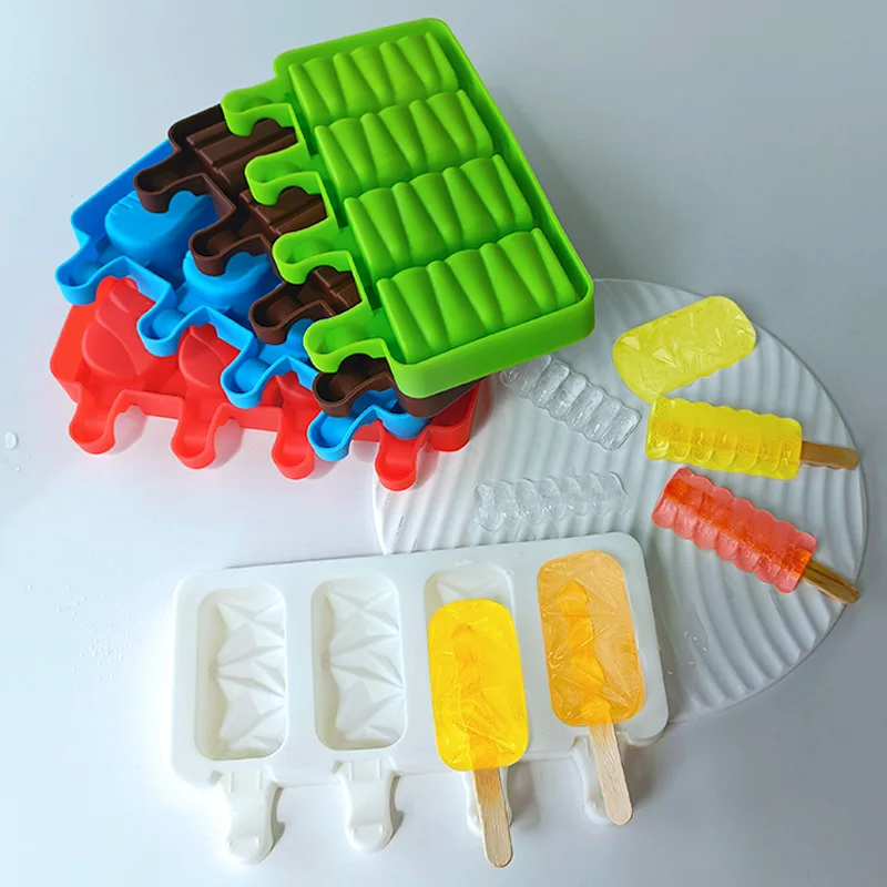 6 PCS a Set Food Grade Silicone Ice Cream Mold 4-cavity with Cover Popsicle Ice Pop Mould Homemade Ice Cream Molds