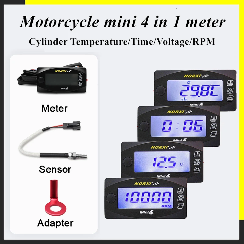 Obrotomierz motocykle głowica cylindra temperatura woltomierz czas RPM obrotomierz Norxi Mini 4 w 1 LED cyfrowy wyświetlacz Quad meter