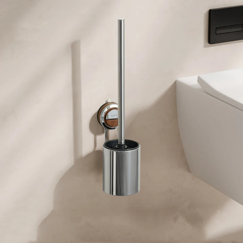 

Stainless Steel Toilet Brush with Suction Cup Holder,Wall-mounted No-drilling Bathroom Cleaning Tool with Wood Accent,Easy-clean