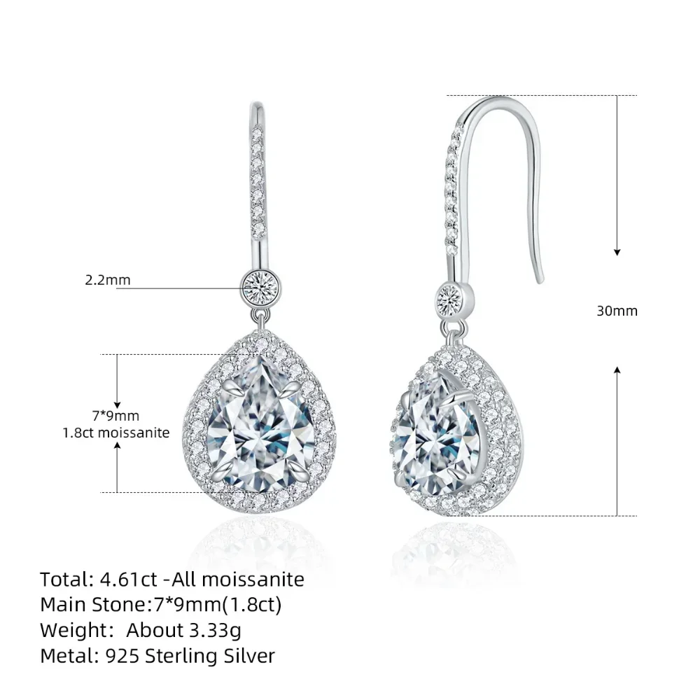 Pretty Beauty 2CT Moissanite Hook Earrings for Women 925 Sterling Silver Teardrop Dangle Earrings Luxury Jewelry Birthday Gift