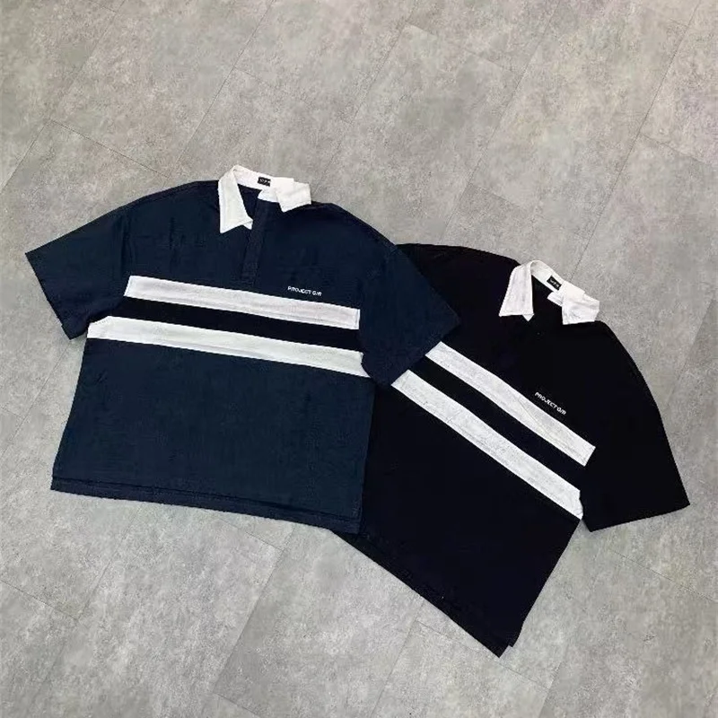 

Hip-hop Oversized Striped Lapel T-Shirt 25SS Man Woman High Quality Hole Broken T Shirt Classic Letters Embroidery Tops