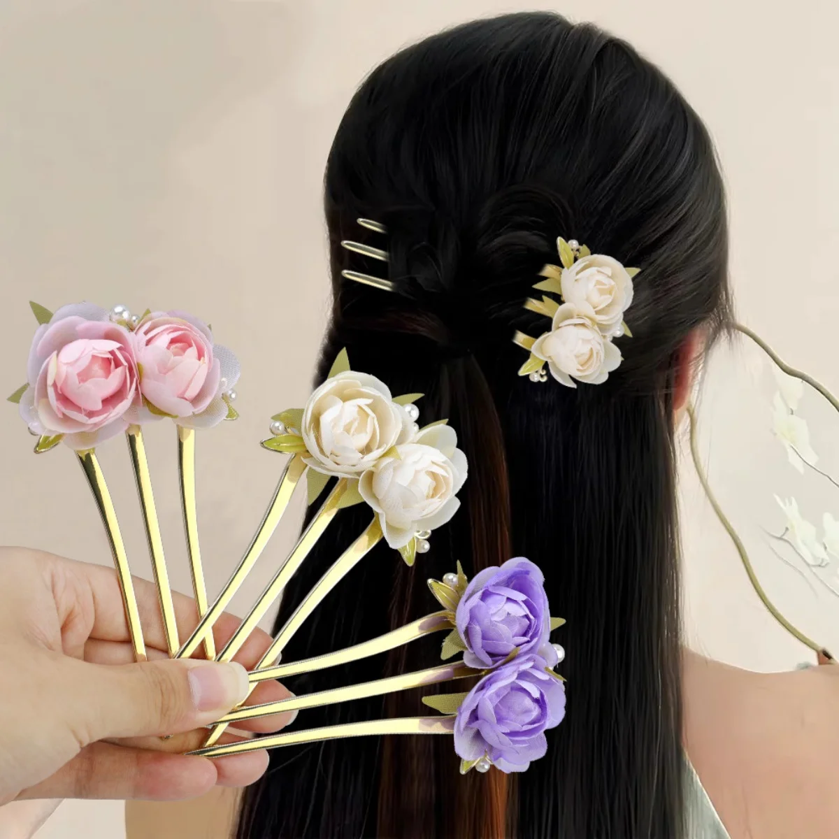 Elegante Blumen-Haarnadel für Frauen, süße Pfingstrose, U-förmiger Haarstab, Mädchen, modischer Haarschmuck, Gaze-Blumen-Haarnadel, NEU