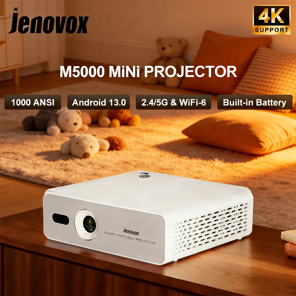 

Портативный DLP-проектор Jenovox M5000 Mini 4K для домашнего кинотеатра со встроенным аккумулятором для кемпинга и просмотра ТВ на улице, Android 13, Smart System, Type-C