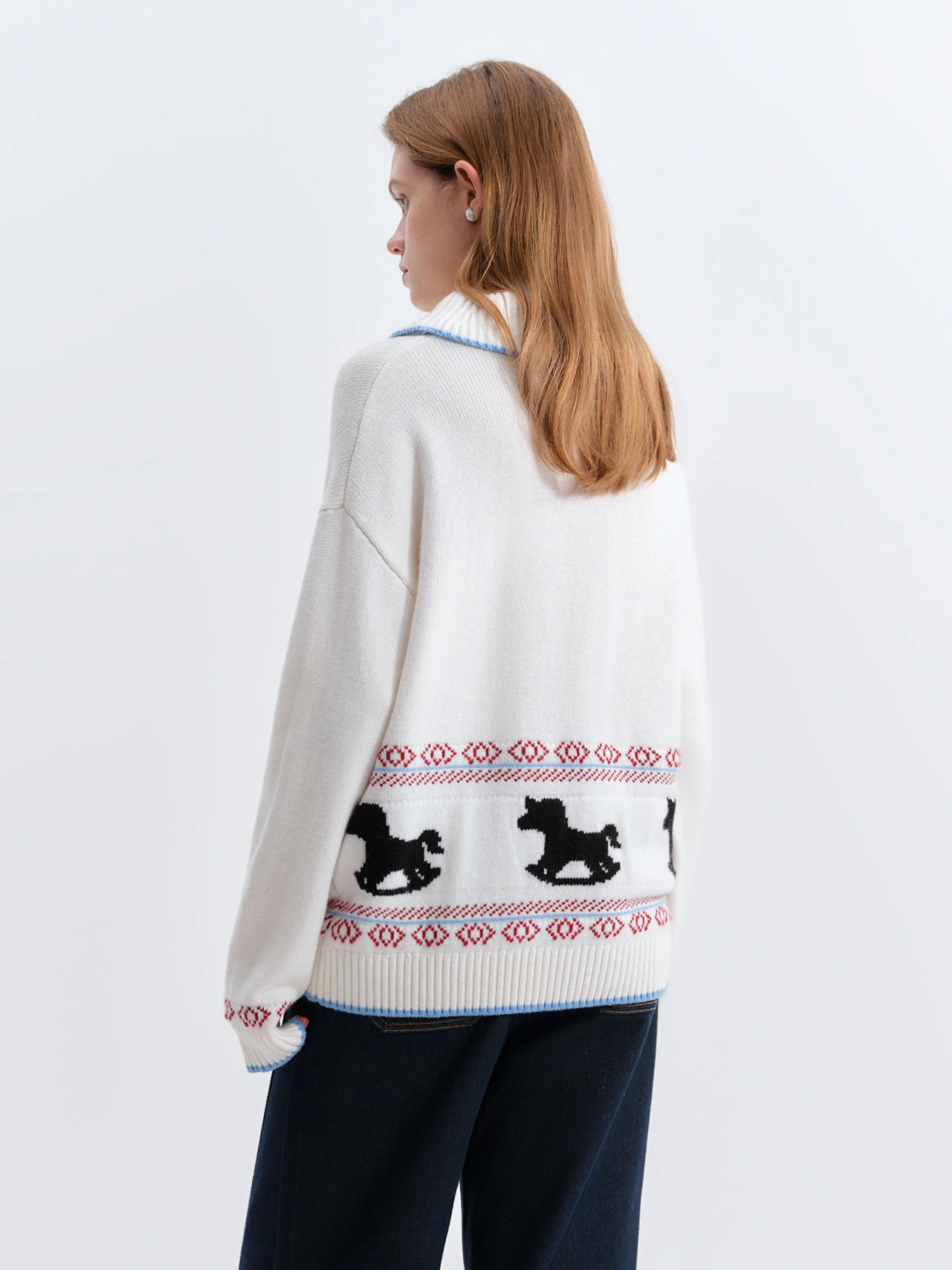 FSLE 2025 hiver femmes col cranté pull en tricot avec motif carrousel ludique-bloc de couleur haut décontracté pour superposition