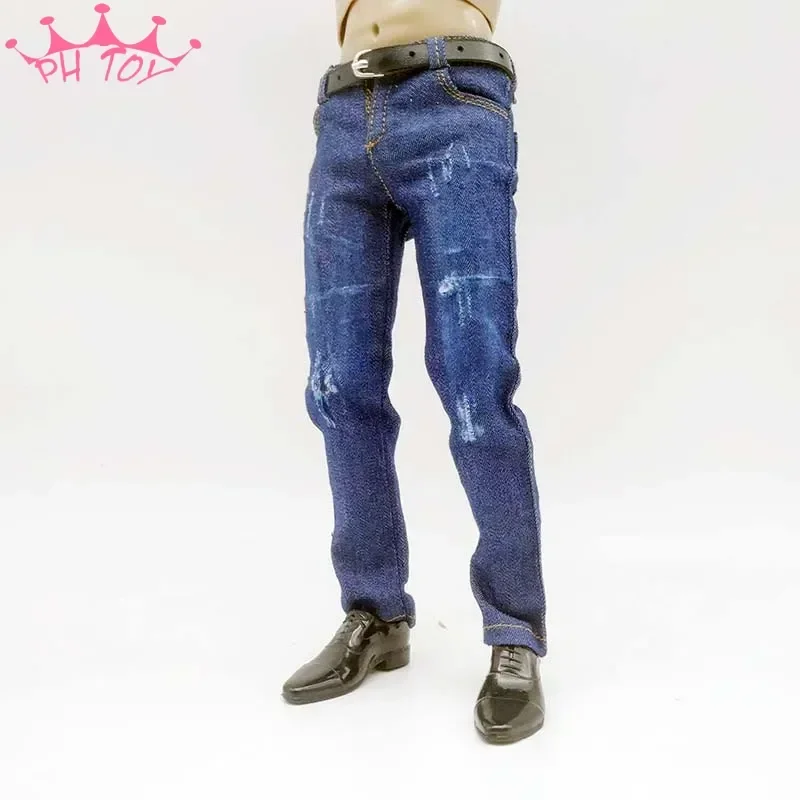 Dark Blue 1/6 Scale Male Soldier Slimming Ripped Jeans with Black Belt Model Set for 12in PH Action Figure 30cm Doll Toys