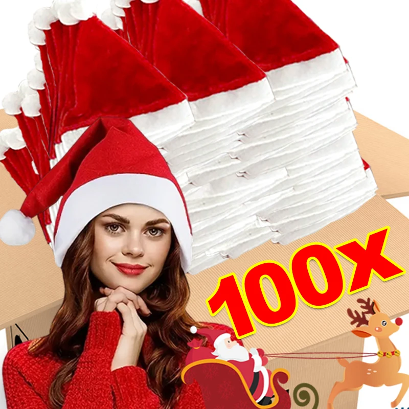 1-100pcs Christmas Hats Adults Kids Non-woven Red Santa Claus Hat Xmas Caps for New Year Party Home Decoration Festival Gifts