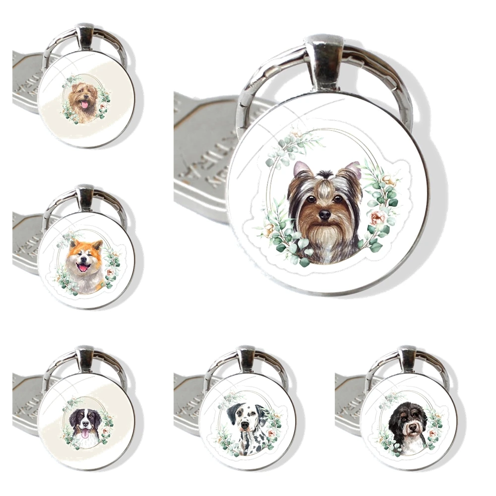 Yorkshire Terrier Dog In Floral Gold Wreath Keychain Handmade Glass Cabochon Key Ring Holder Pendant Key Chains