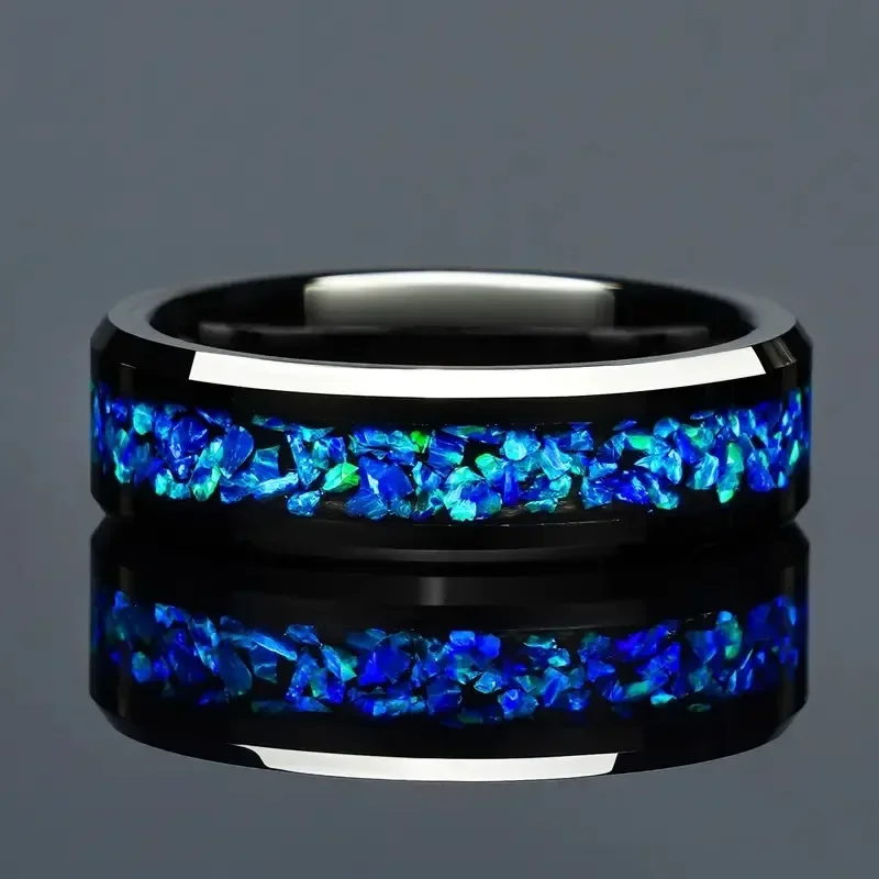 2024 Fashionable Men's Sea Blue Opal Black Tungsten Alloy Wedding Ring, Comfortable Fit, Exquisite Christmas Gift