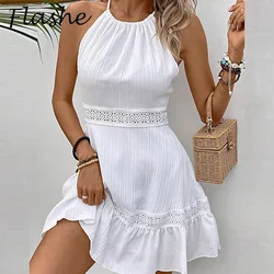 Sexy Halter Mini Dress donna senza maniche Backless Beach Holiday abiti per le donne elegante abito da festa donna abito corto bianco