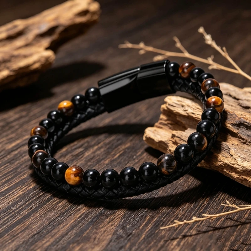 Double Layer Leather Braided Bracelet Tiger Eye Lava Stone Blue Sandstone 6mm Natural Stone Jewelry Gift for Her Him Unisex Boho
