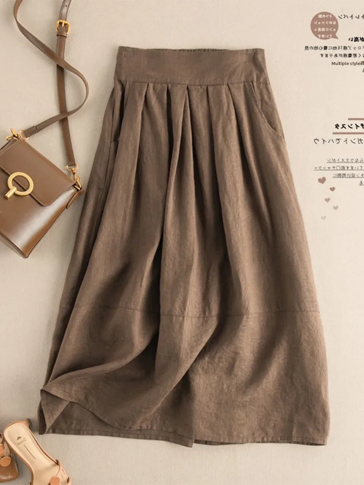 

Юбка трапециевидной формы с высокой талией для женщин, повседневная одежда в стиле ретро, однотонная японская одежда из смеси хлопка и льна на заказ