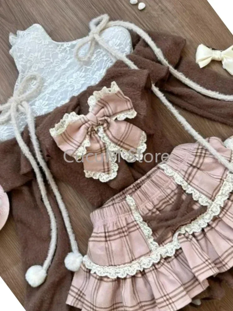 Conjuntos de 2 piezas de Lolita japonesa para mujer, blusa Retro con hombros descubiertos y lazo, Tops, minifalda de pastel a cuadros, trajes ajustados Kawaii Y2k para niñas