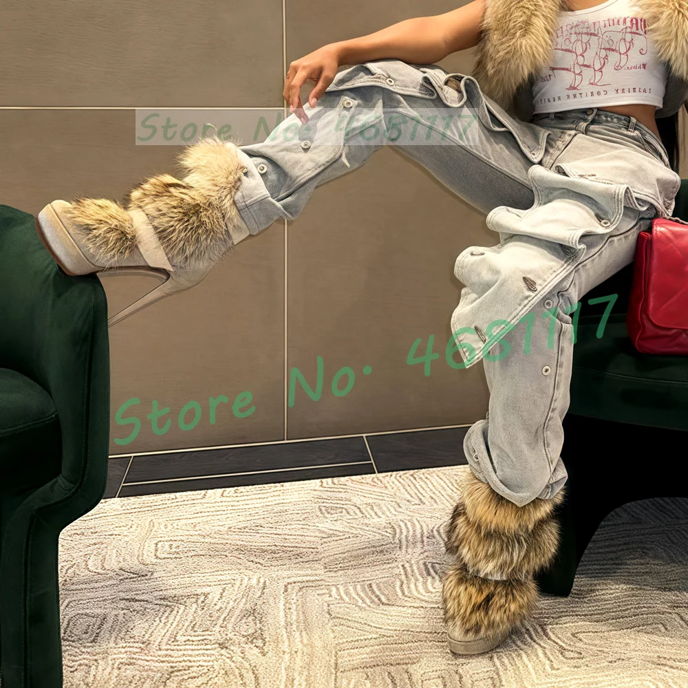 

Beige Suede Leather Real Fur Ankle Boots Women Luxury Buckle Strap Platform Boots Female Spring High Heels Chic Round Toe Shoes
