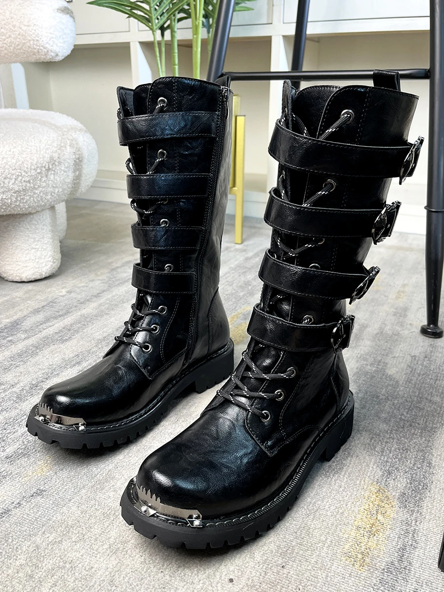 Retro Metal Decor Belt Buckle Long Boots for Men Round Toe Lace Up Thick Soled Knight Boots Autumn Winter New Outdoor Male Shoes view 4