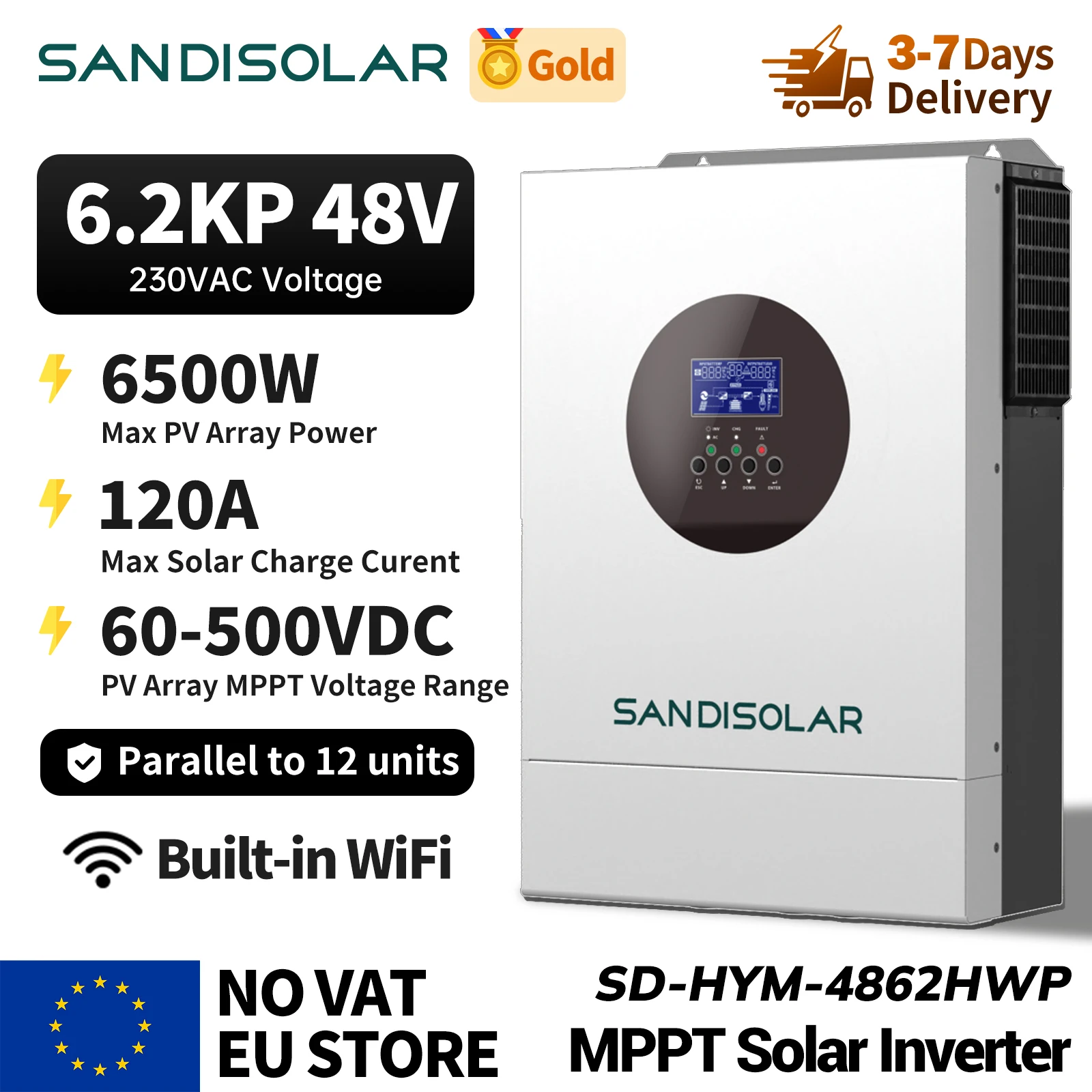 Inversor Solar Híbrido Sandisolar De 6.2Kw 48V, Fuera De Red, 230Vac, Onda Sinusoidal Pura, Mppt 120A, Paralelo Hasta 12 Unidades — -30%, 144.6€ Coupon, from 337.39€ – 30% descuento – €337.39