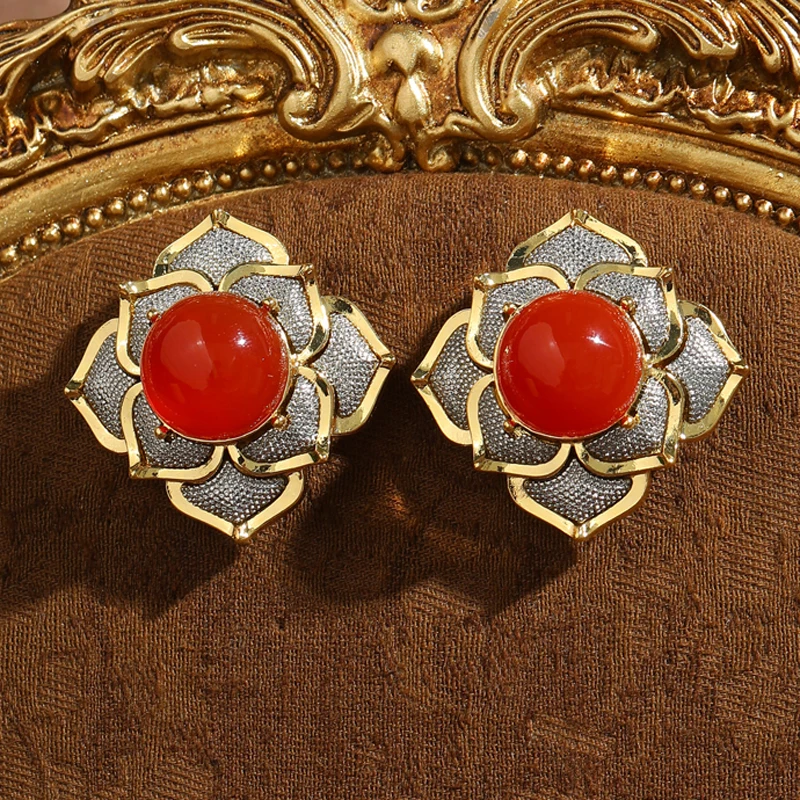 

Vintage Red Agate Sunflower Stud Earrings Gold Color Accessories Luxury For Women High Quality Jewelry 2026 New Trend Christmas