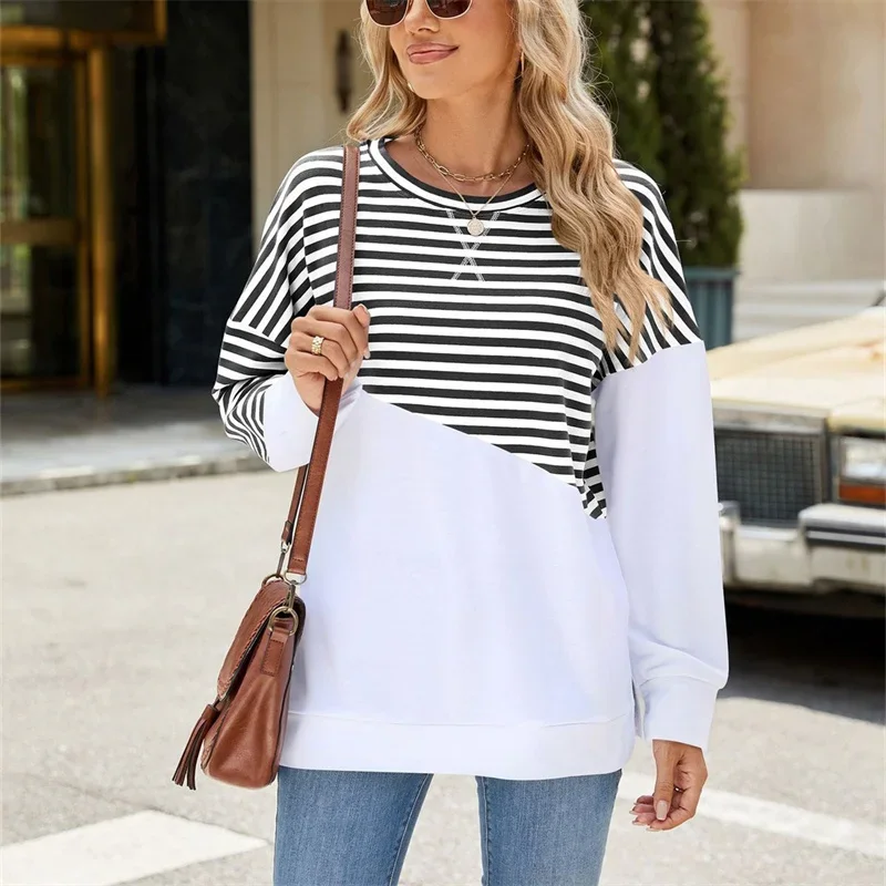 Women Stripes Color Blocking Split Hem Sweatshirt Spring Autumn Comfortable Casual Commuter Hoodie Female O Neck Pullover Tops 4