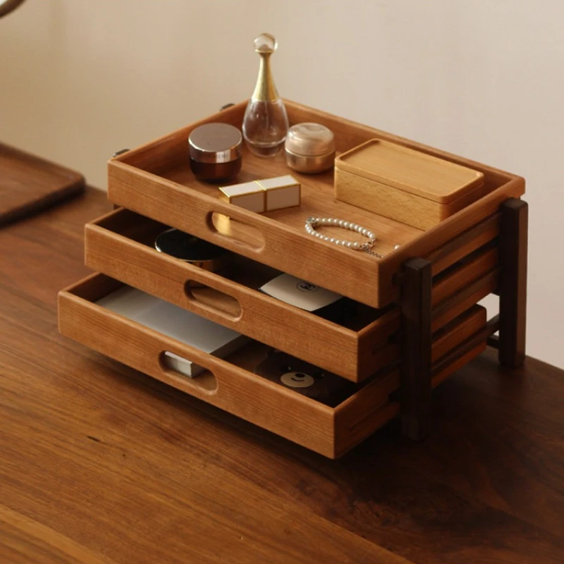 Wooden Desk Organizer,3-Layer Drawer Organizer,Tabletop Storage Cabinet Organization Box for Makeup,Letter, Home Office Supplies