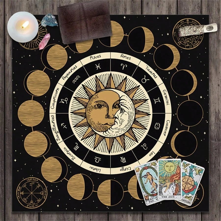 1PC Sun Moon Zodiac Tarot Tablecloth, Moon Phase Astrology Altar Cloth, Celestial Divination Mat for Witchcraft Spiritual Decor