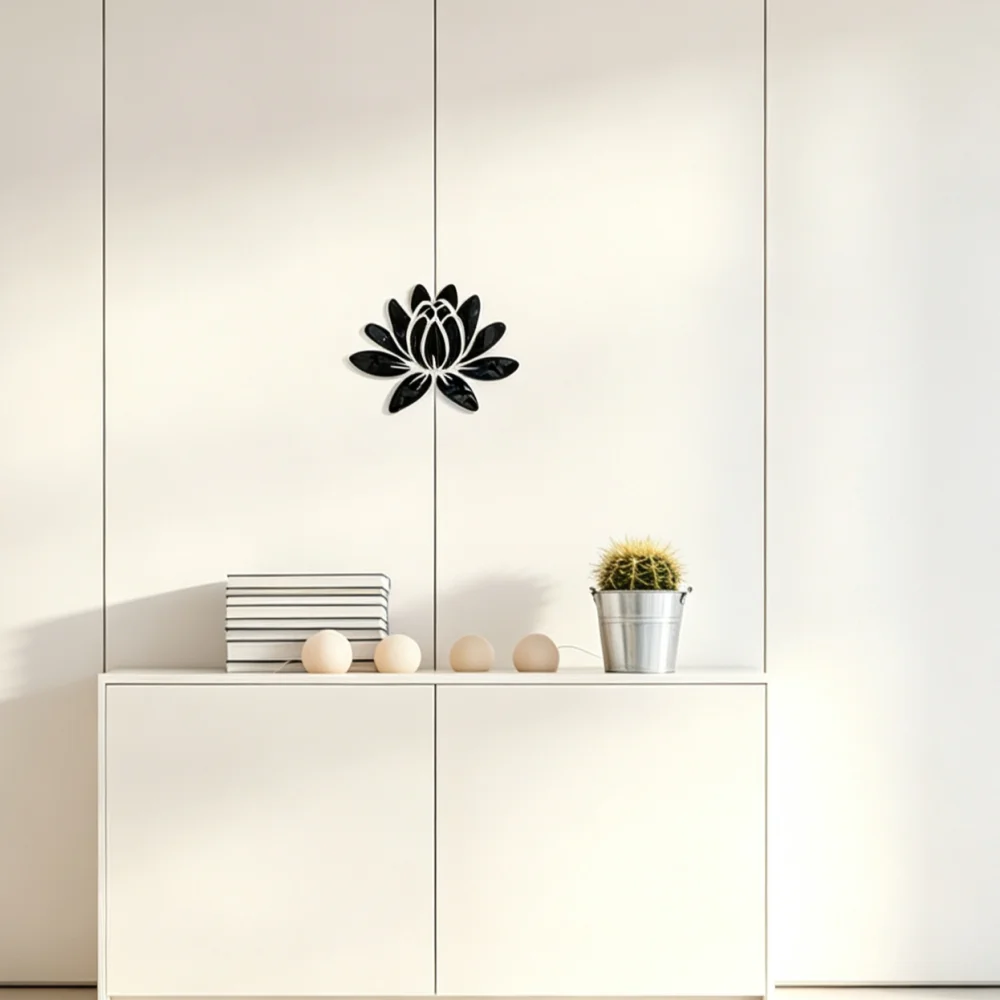 Black 3D Mirror Acrylic Lotus Wall Sticker, DIY Floral Mirror Wall Decal, Modern Stereoscopic Lotus Wall Art for Bedroom Dining Room Background Home Decor, Size 50cm36.5cm
